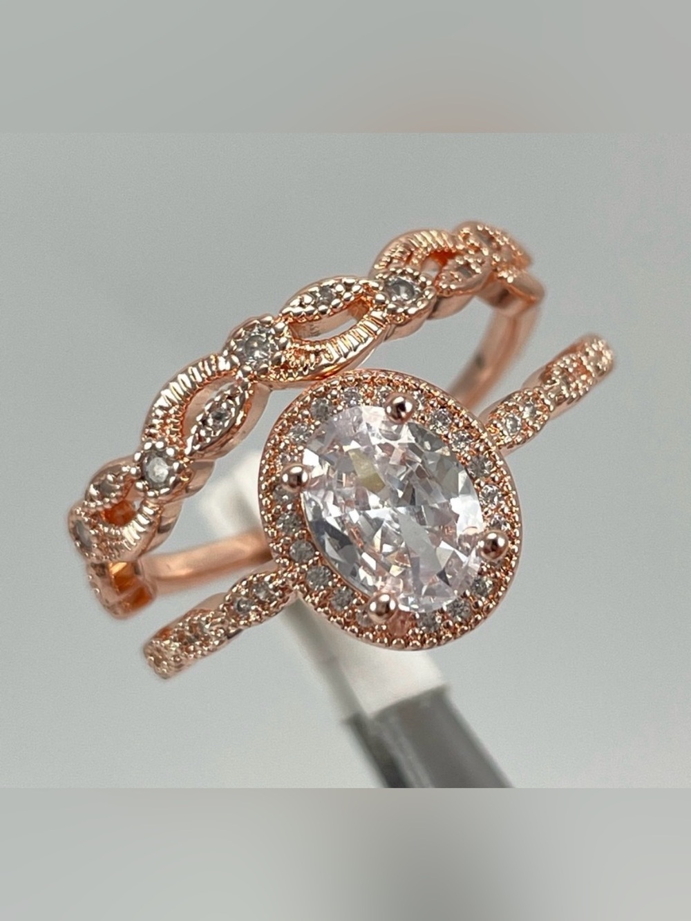 Stunning Wedding Band Set Oval Cut Halo Diamond CZ Rose Gold Tone Plated Ring